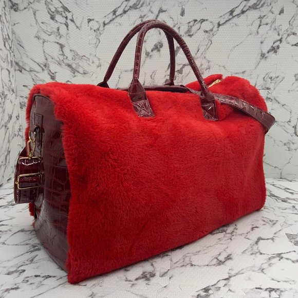 Men's Fashion RedBurgundy Faux Fur Large Duffle Bag